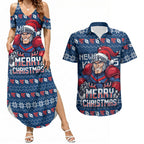 Personalized Newcastle Knights Christmas Couples Matching Summer Maxi Dress and Hawaiian Shirt Australian Rugby Fans - Pixelated Ugly Xmas Pattern Mascot Santa