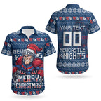 Personalized Newcastle Knights Christmas Couples Matching Summer Maxi Dress and Hawaiian Shirt Australian Rugby Fans - Pixelated Ugly Xmas Pattern Mascot Santa