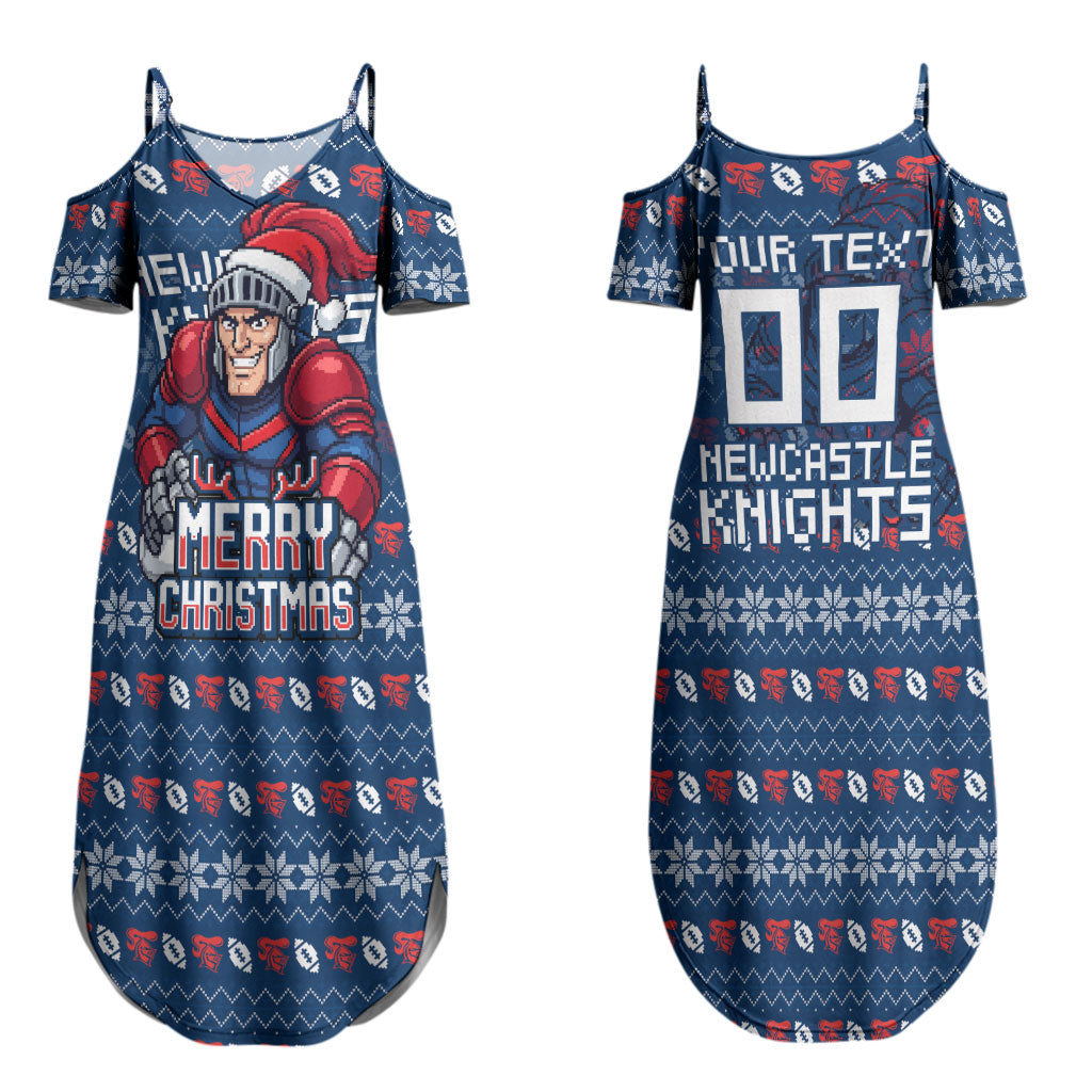 Personalized Newcastle Knights Christmas Couples Matching Summer Maxi Dress and Hawaiian Shirt Australian Rugby Fans - Pixelated Ugly Xmas Pattern Mascot Santa
