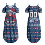 Personalized Newcastle Knights Christmas Couples Matching Summer Maxi Dress and Hawaiian Shirt Australian Rugby Fans - Pixelated Ugly Xmas Pattern Mascot Santa