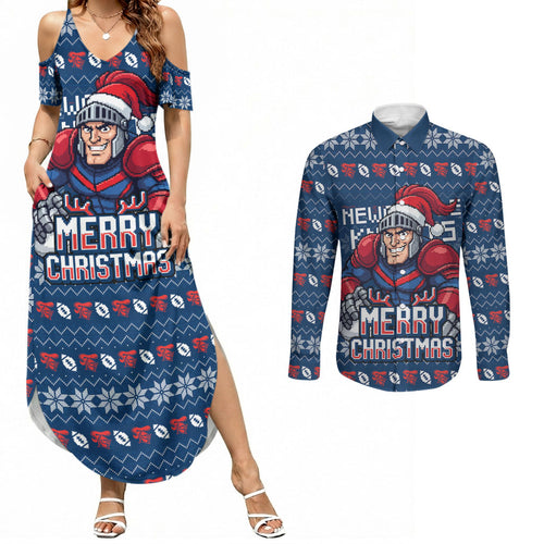 Personalized Newcastle Knights Christmas Couples Matching Summer Maxi Dress and Long Sleeve Button Shirt Australian Rugby Fans - Pixelated Ugly Xmas Pattern Mascot Santa