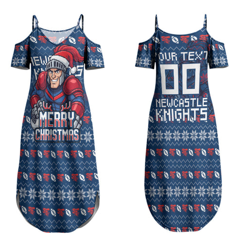 Personalized Newcastle Knights Christmas Couples Matching Summer Maxi Dress and Long Sleeve Button Shirt Australian Rugby Fans - Pixelated Ugly Xmas Pattern Mascot Santa