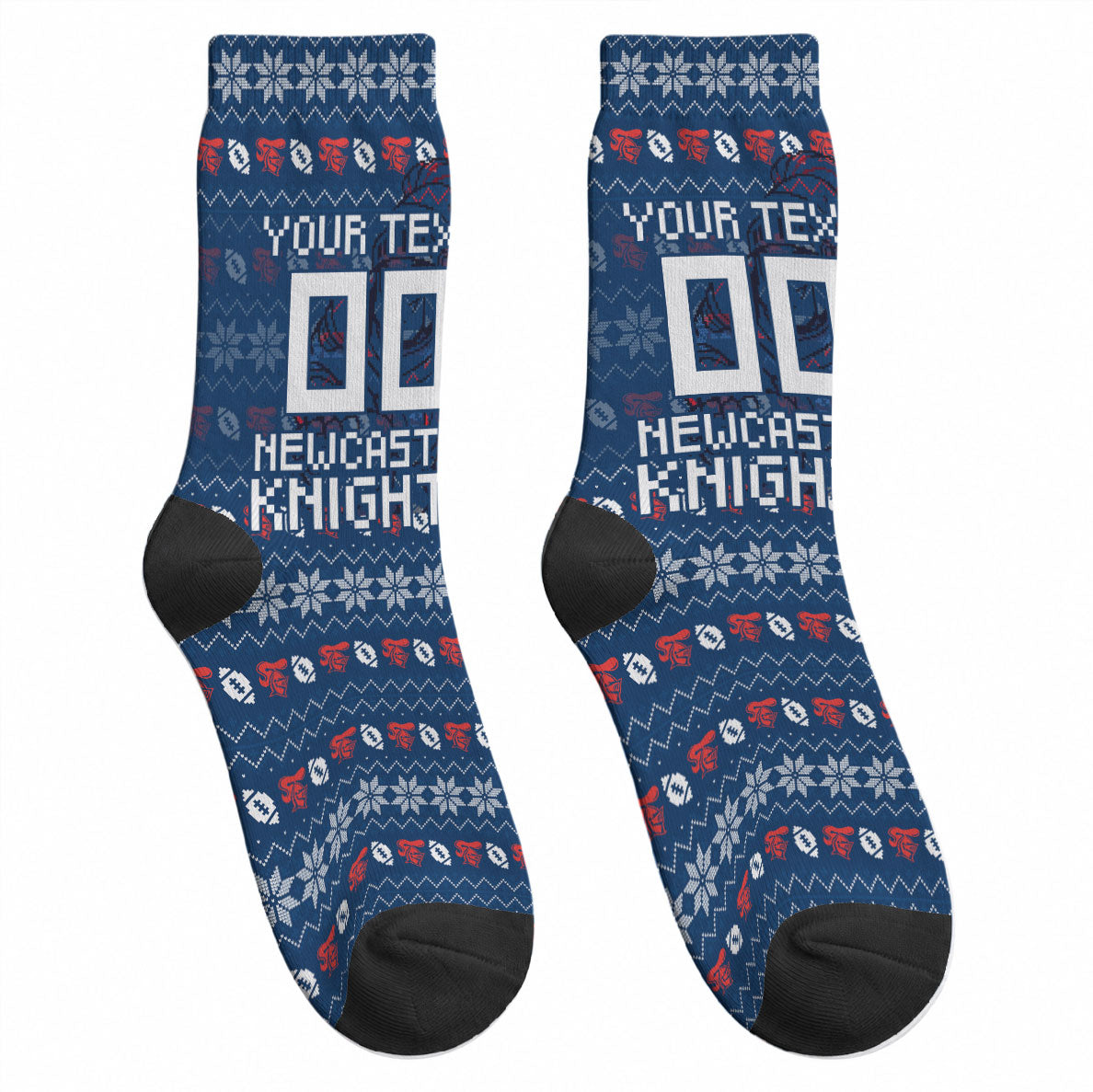 Personalized Newcastle Knights Christmas Crew Socks Australian Rugby Fans - Pixelated Ugly Xmas Pattern Mascot Santa
