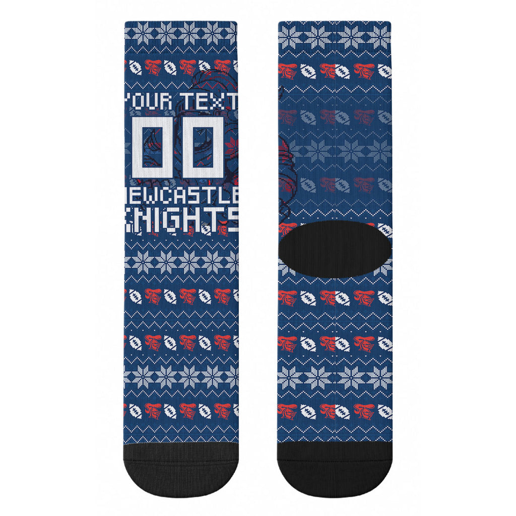 Personalized Newcastle Knights Christmas Crew Socks Australian Rugby Fans - Pixelated Ugly Xmas Pattern Mascot Santa