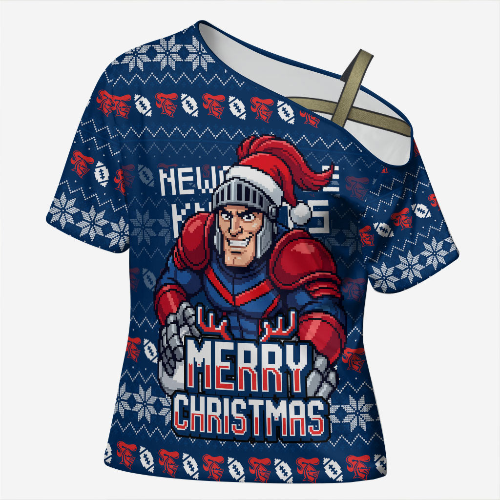 Personalized Newcastle Knights Christmas Cross Shoulder Shirt Australian Rugby Fans - Pixelated Ugly Xmas Pattern Mascot Santa
