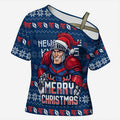 Personalized Newcastle Knights Christmas Cross Shoulder Shirt Australian Rugby Fans - Pixelated Ugly Xmas Pattern Mascot Santa