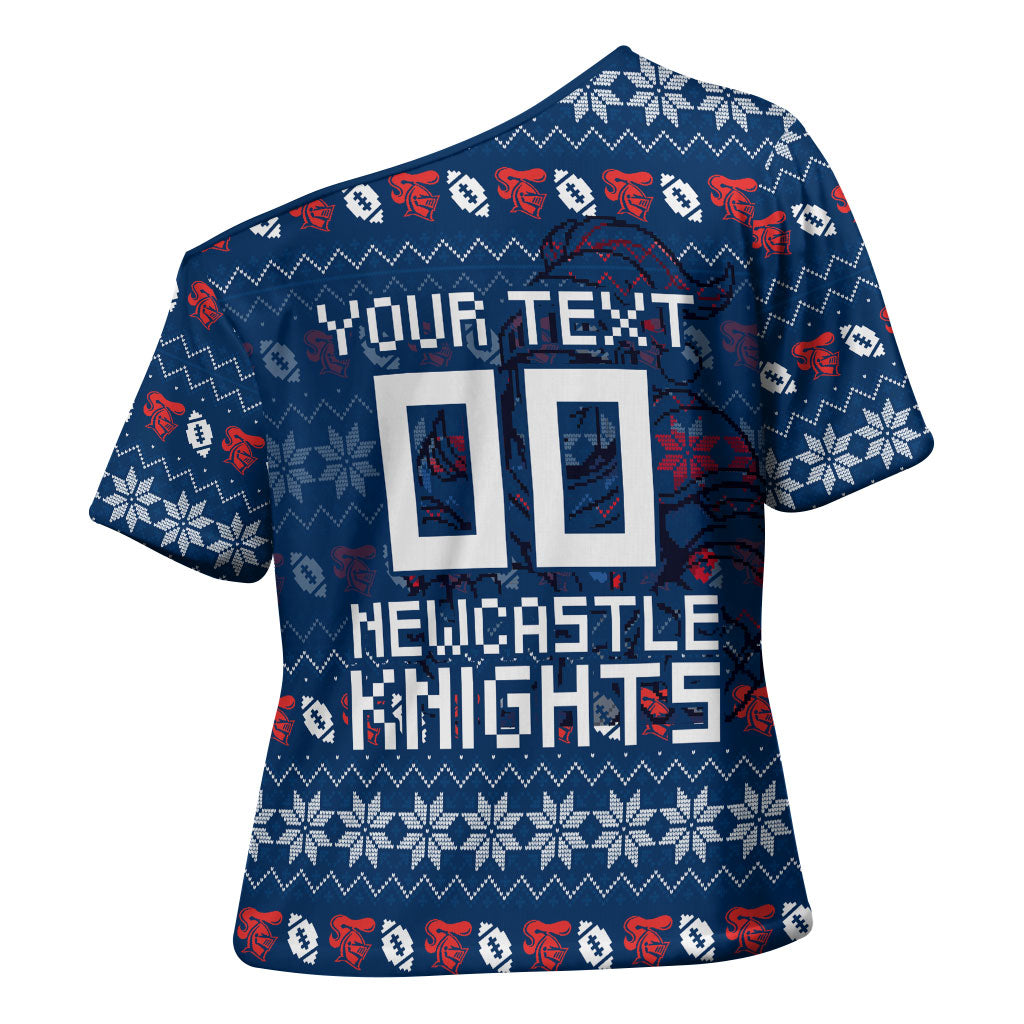 Personalized Newcastle Knights Christmas Cross Shoulder Shirt Australian Rugby Fans - Pixelated Ugly Xmas Pattern Mascot Santa