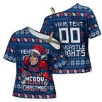 Personalized Newcastle Knights Christmas Cross Shoulder Shirt Australian Rugby Fans - Pixelated Ugly Xmas Pattern Mascot Santa