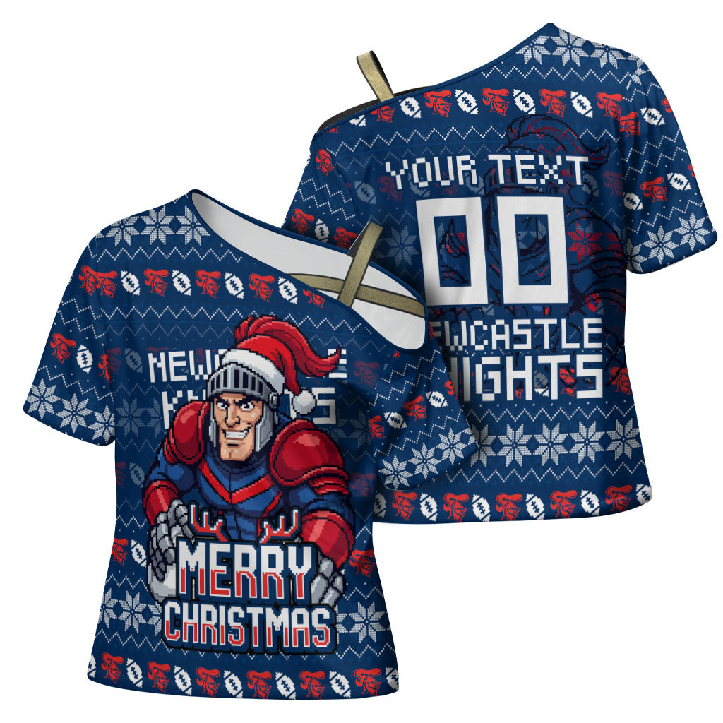 Personalized Newcastle Knights Christmas Cross Shoulder Shirt Australian Rugby Fans - Pixelated Ugly Xmas Pattern Mascot Santa