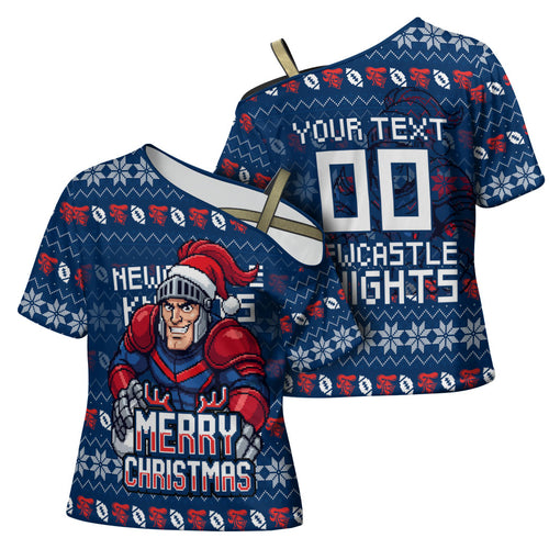 Personalized Newcastle Knights Christmas Cross Shoulder Shirt Australian Rugby Fans - Pixelated Ugly Xmas Pattern Mascot Santa
