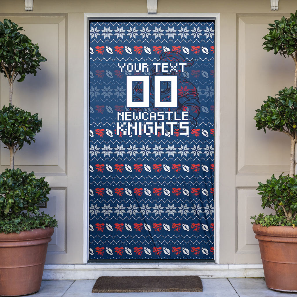 Personalized Newcastle Knights Christmas Door Cover Australian Rugby Fans - Pixelated Ugly Xmas Pattern Mascot Santa