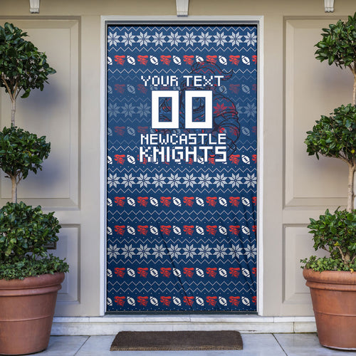 Personalized Newcastle Knights Christmas Door Cover Australian Rugby Fans - Pixelated Ugly Xmas Pattern Mascot Santa