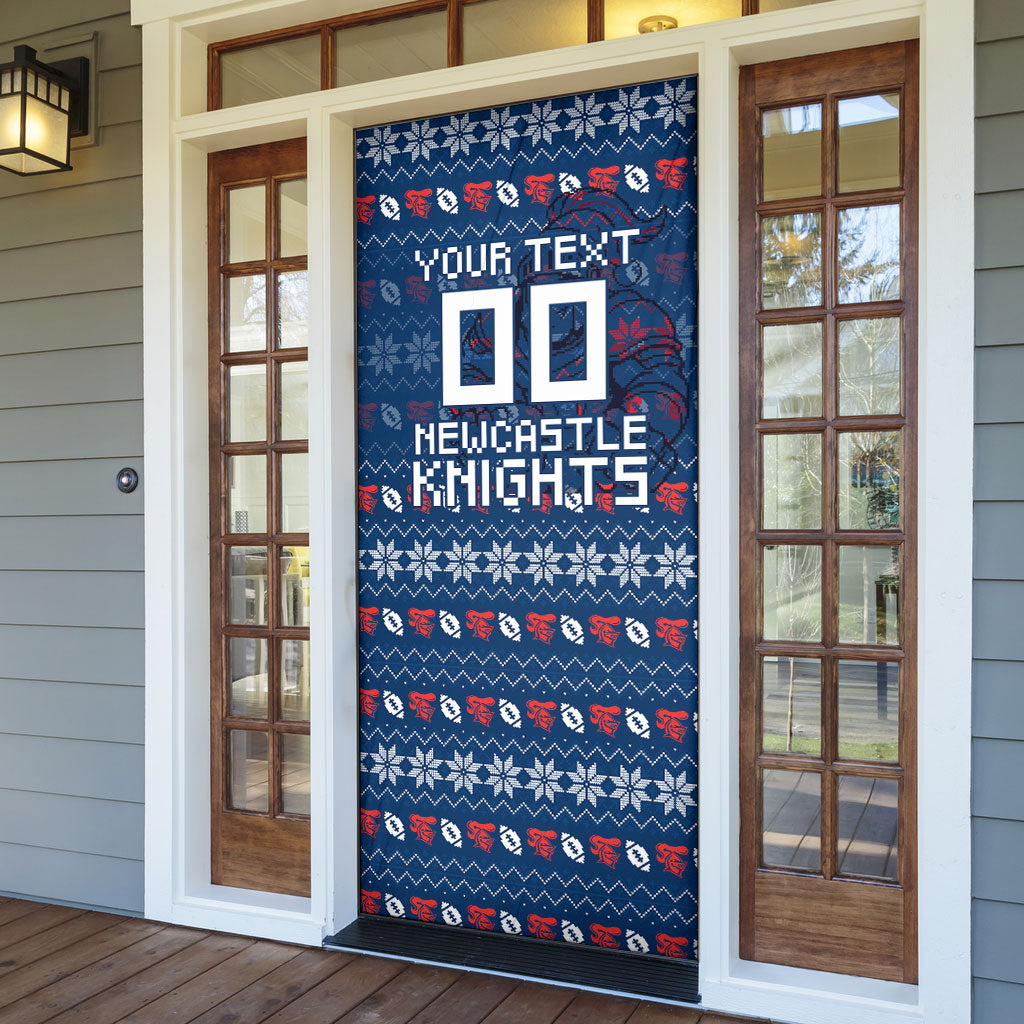 Personalized Newcastle Knights Christmas Door Cover Australian Rugby Fans - Pixelated Ugly Xmas Pattern Mascot Santa