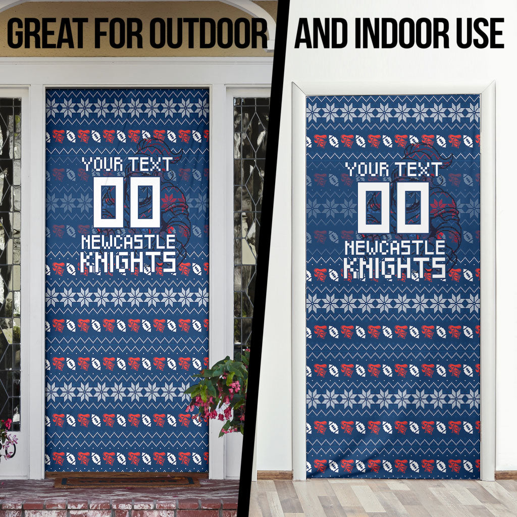 Personalized Newcastle Knights Christmas Door Cover Australian Rugby Fans - Pixelated Ugly Xmas Pattern Mascot Santa