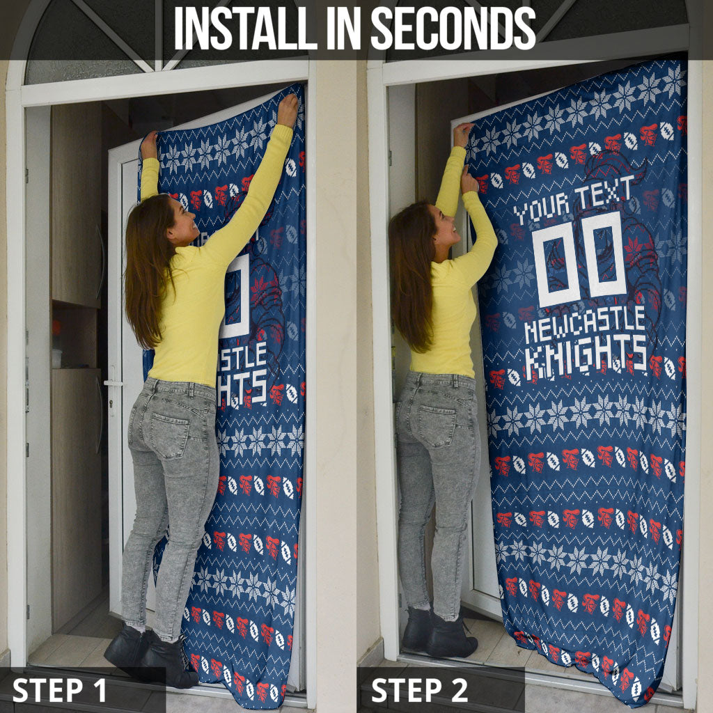 Personalized Newcastle Knights Christmas Door Cover Australian Rugby Fans - Pixelated Ugly Xmas Pattern Mascot Santa