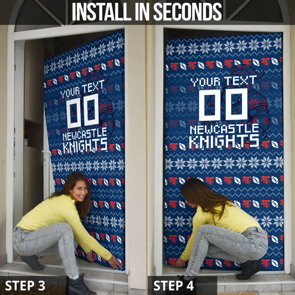 Personalized Newcastle Knights Christmas Door Cover Australian Rugby Fans - Pixelated Ugly Xmas Pattern Mascot Santa
