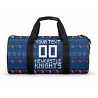 Personalized Newcastle Knights Christmas Duffle Bag Australian Rugby Fans - Pixelated Ugly Xmas Pattern Mascot Santa