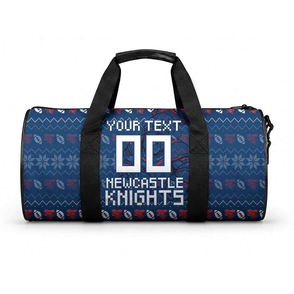 Personalized Newcastle Knights Christmas Duffle Bag Australian Rugby Fans - Pixelated Ugly Xmas Pattern Mascot Santa
