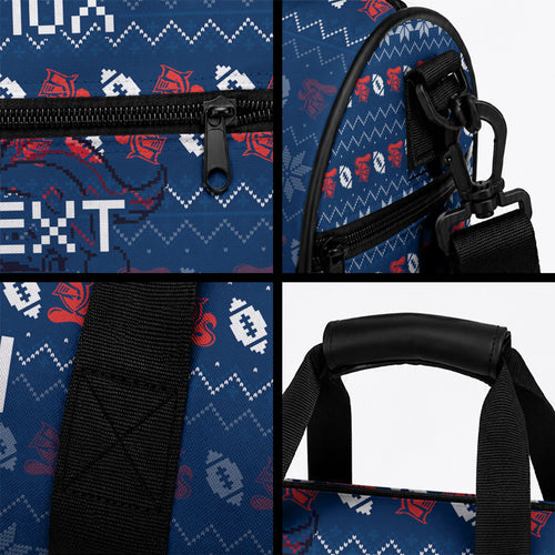 Personalized Newcastle Knights Christmas Duffle Bag Australian Rugby Fans - Pixelated Ugly Xmas Pattern Mascot Santa