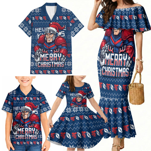 Personalized Newcastle Knights Christmas Family Matching Mermaid Dress and Hawaiian Shirt Australian Rugby Fans - Pixelated Ugly Xmas Pattern Mascot Santa