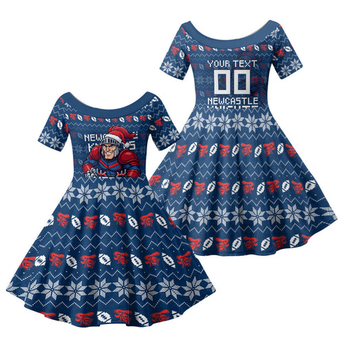 Personalized Newcastle Knights Christmas Family Matching Mermaid Dress and Hawaiian Shirt Australian Rugby Fans - Pixelated Ugly Xmas Pattern Mascot Santa