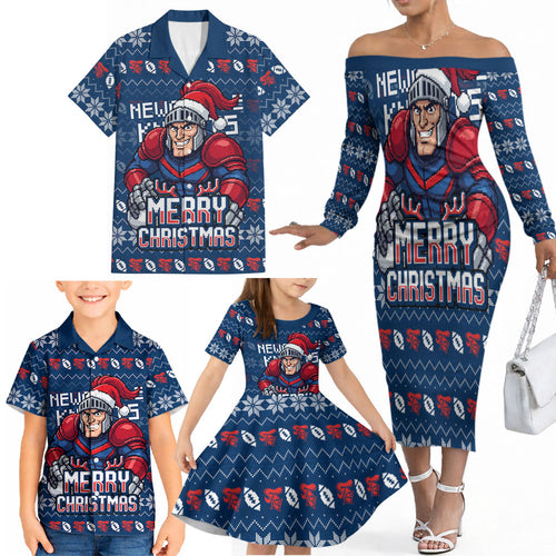 Personalized Newcastle Knights Christmas Family Matching Off The Shoulder Long Sleeve Dress and Hawaiian Shirt Australian Rugby Fans - Pixelated Ugly Xmas Pattern Mascot Santa