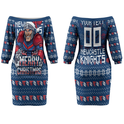 Personalized Newcastle Knights Christmas Family Matching Off The Shoulder Long Sleeve Dress and Hawaiian Shirt Australian Rugby Fans - Pixelated Ugly Xmas Pattern Mascot Santa