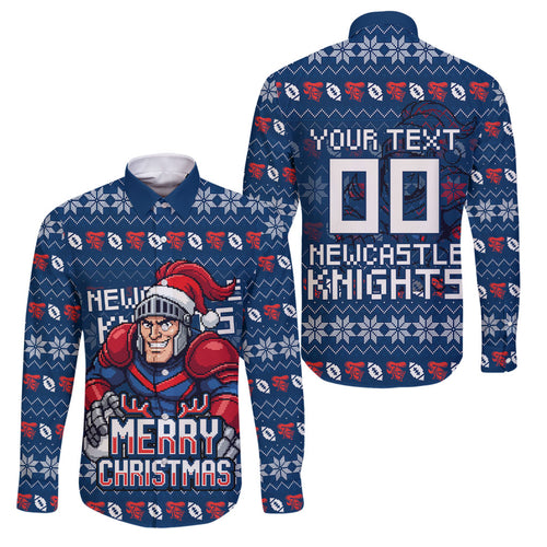 Personalized Newcastle Knights Christmas Family Matching Off The Shoulder Long Sleeve Dress and Hawaiian Shirt Australian Rugby Fans - Pixelated Ugly Xmas Pattern Mascot Santa
