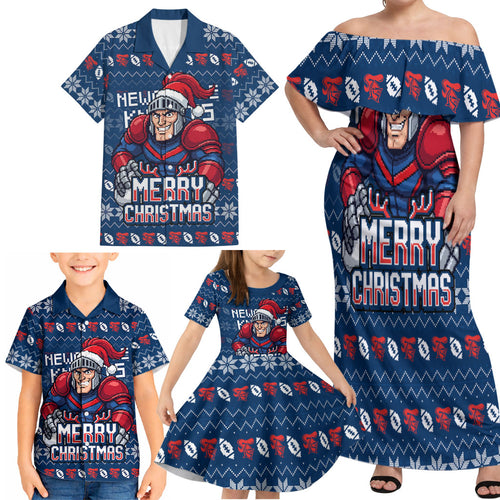 Personalized Newcastle Knights Christmas Family Matching Off Shoulder Maxi Dress and Hawaiian Shirt Australian Rugby Fans - Pixelated Ugly Xmas Pattern Mascot Santa