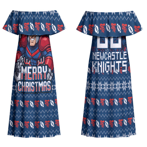 Personalized Newcastle Knights Christmas Family Matching Off Shoulder Maxi Dress and Hawaiian Shirt Australian Rugby Fans - Pixelated Ugly Xmas Pattern Mascot Santa