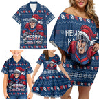 Personalized Newcastle Knights Christmas Family Matching Off Shoulder Short Dress and Hawaiian Shirt Australian Rugby Fans - Pixelated Ugly Xmas Pattern Mascot Santa