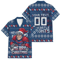 Personalized Newcastle Knights Christmas Family Matching Off Shoulder Short Dress and Hawaiian Shirt Australian Rugby Fans - Pixelated Ugly Xmas Pattern Mascot Santa