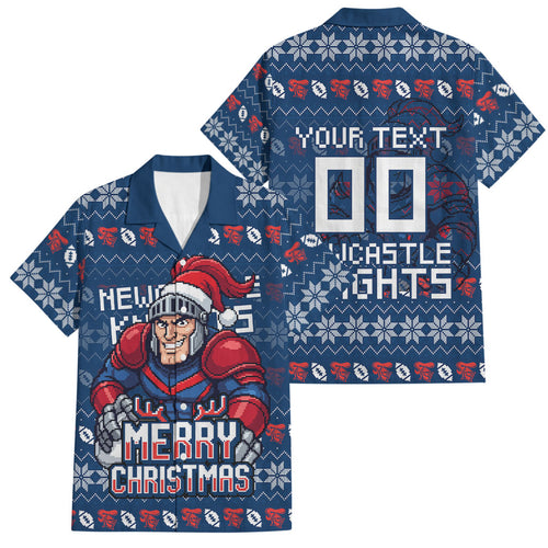 Personalized Newcastle Knights Christmas Family Matching Off Shoulder Short Dress and Hawaiian Shirt Australian Rugby Fans - Pixelated Ugly Xmas Pattern Mascot Santa