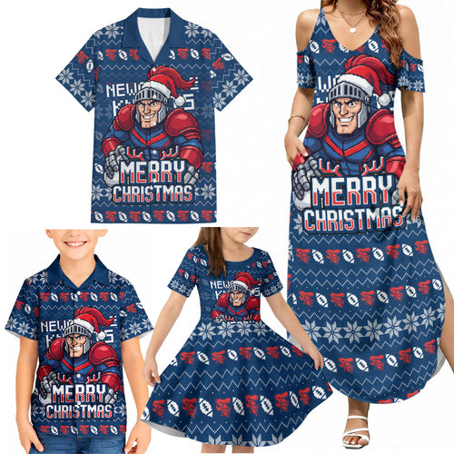 Personalized Newcastle Knights Christmas Family Matching Summer Maxi Dress and Hawaiian Shirt Australian Rugby Fans - Pixelated Ugly Xmas Pattern Mascot Santa