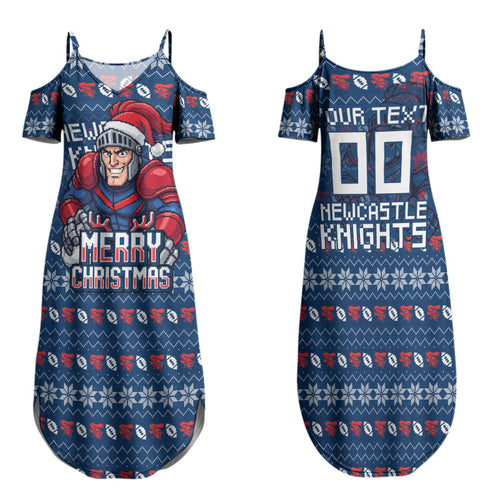 Personalized Newcastle Knights Christmas Family Matching Summer Maxi Dress and Hawaiian Shirt Australian Rugby Fans - Pixelated Ugly Xmas Pattern Mascot Santa