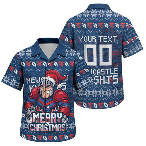 Personalized Newcastle Knights Christmas Family Matching Summer Maxi Dress and Hawaiian Shirt Australian Rugby Fans - Pixelated Ugly Xmas Pattern Mascot Santa