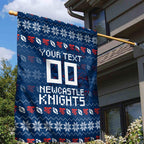 Personalized Newcastle Knights Christmas Garden Flag Australian Rugby Fans - Pixelated Ugly Xmas Pattern Mascot Santa