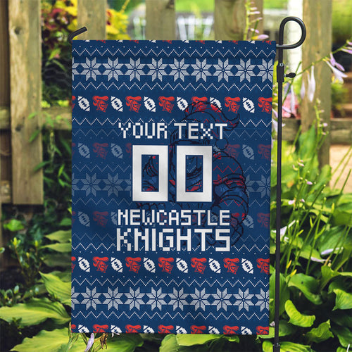 Personalized Newcastle Knights Christmas Garden Flag Australian Rugby Fans - Pixelated Ugly Xmas Pattern Mascot Santa