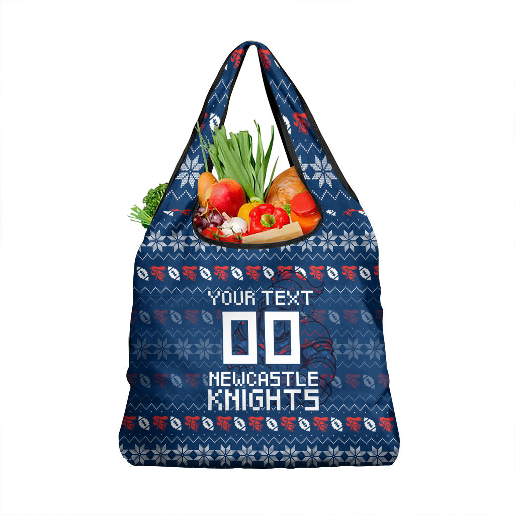 Personalized Newcastle Knights Christmas Grocery Bag Australian Rugby Fans - Pixelated Ugly Xmas Pattern Mascot Santa