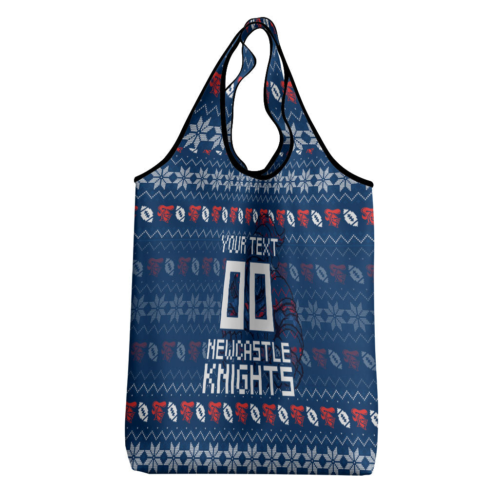 Personalized Newcastle Knights Christmas Grocery Bag Australian Rugby Fans - Pixelated Ugly Xmas Pattern Mascot Santa