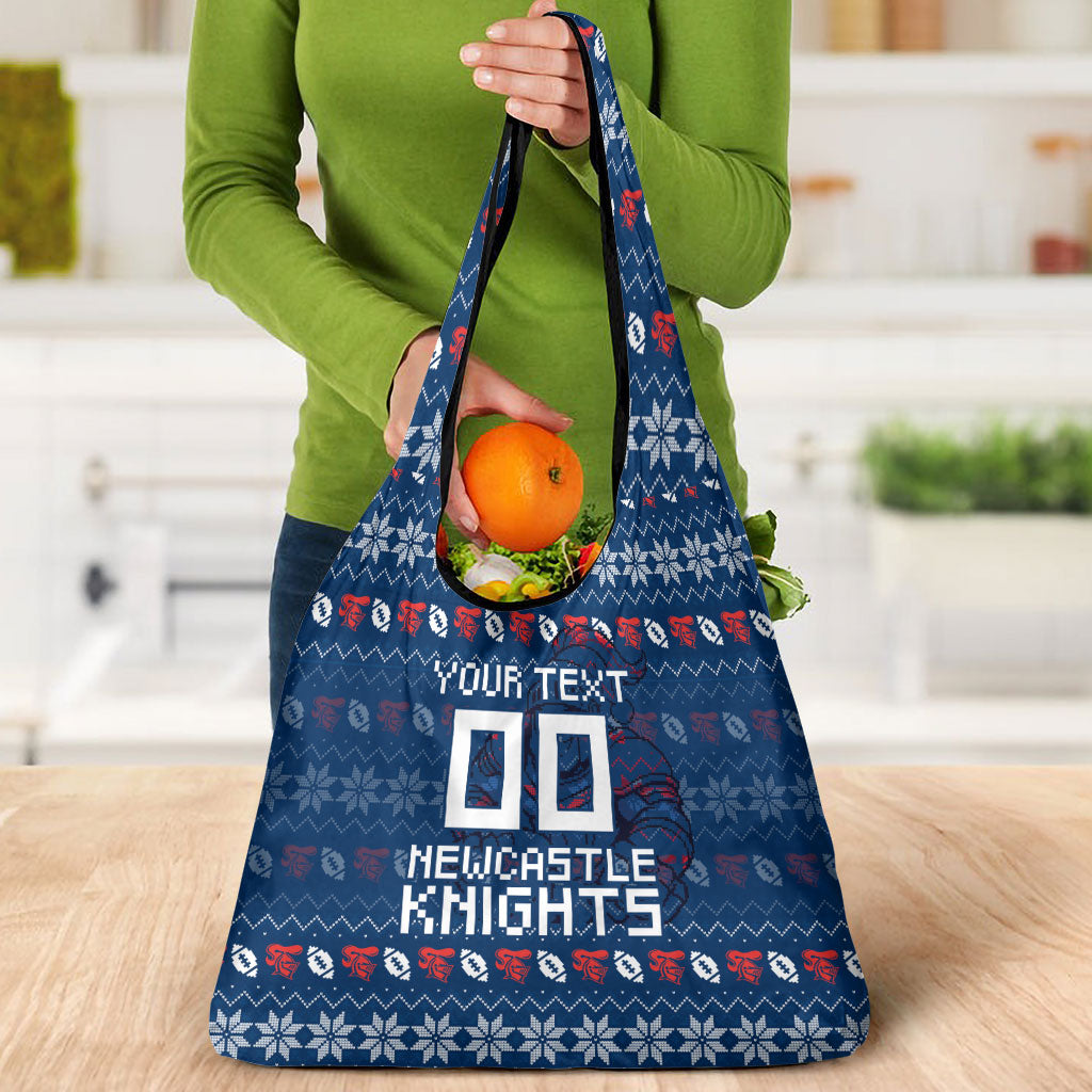 Personalized Newcastle Knights Christmas Grocery Bag Australian Rugby Fans - Pixelated Ugly Xmas Pattern Mascot Santa
