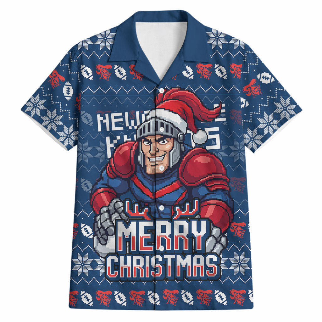 Personalized Newcastle Knights Christmas Hawaiian Shirt Australian Rugby Fans - Pixelated Ugly Xmas Pattern Mascot Santa