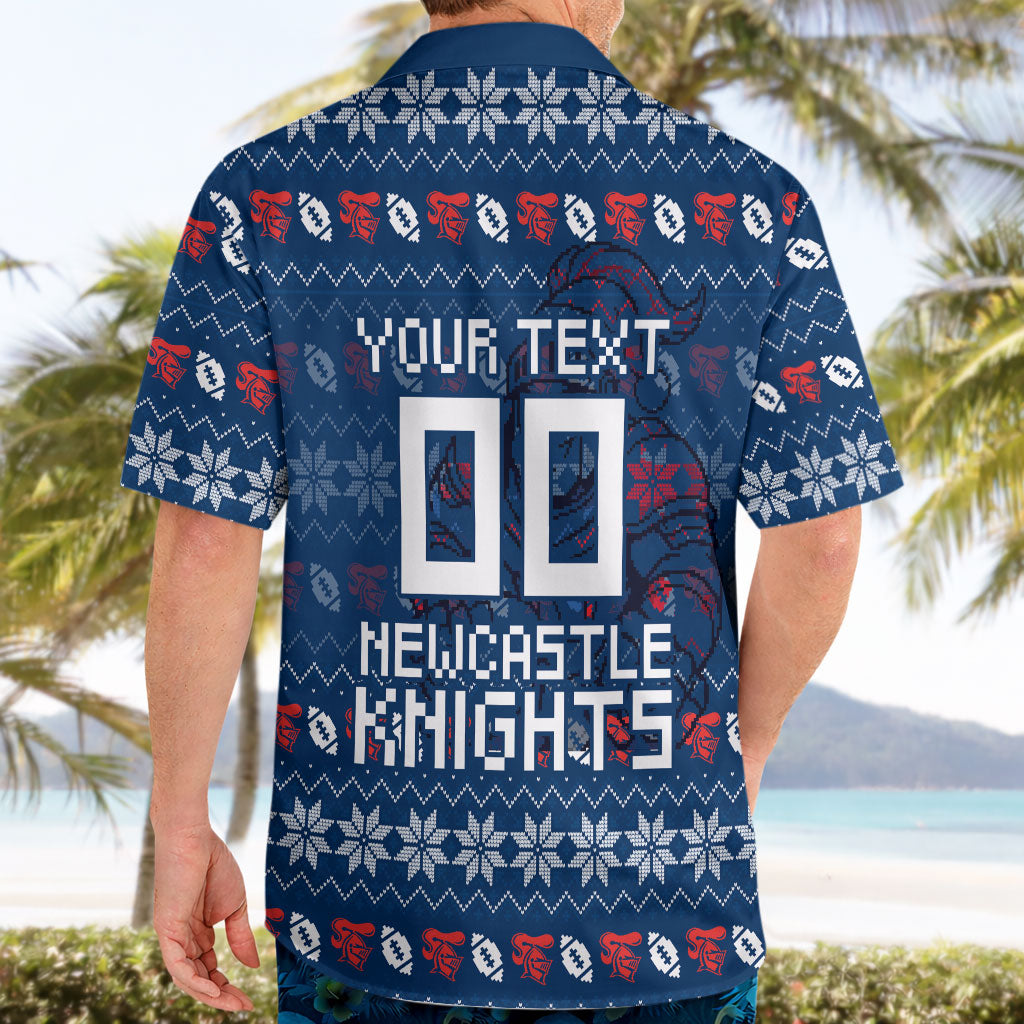 Personalized Newcastle Knights Christmas Hawaiian Shirt Australian Rugby Fans - Pixelated Ugly Xmas Pattern Mascot Santa