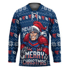 Personalized Newcastle Knights Christmas Hockey Jersey Australian Rugby Fans - Pixelated Ugly Xmas Pattern Mascot Santa