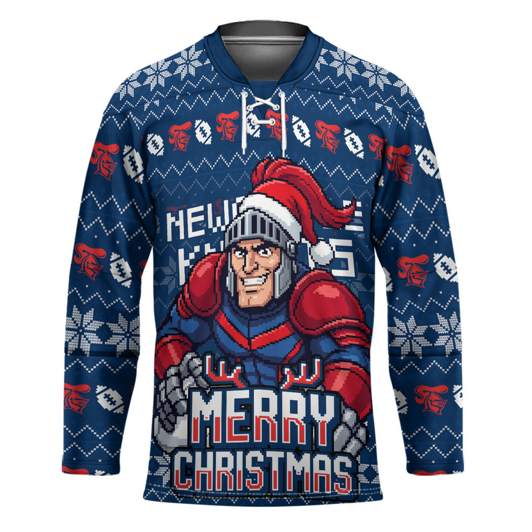 Personalized Newcastle Knights Christmas Hockey Jersey Australian Rugby Fans - Pixelated Ugly Xmas Pattern Mascot Santa