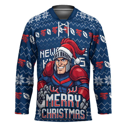 Personalized Newcastle Knights Christmas Hockey Jersey Australian Rugby Fans - Pixelated Ugly Xmas Pattern Mascot Santa