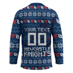 Personalized Newcastle Knights Christmas Hockey Jersey Australian Rugby Fans - Pixelated Ugly Xmas Pattern Mascot Santa