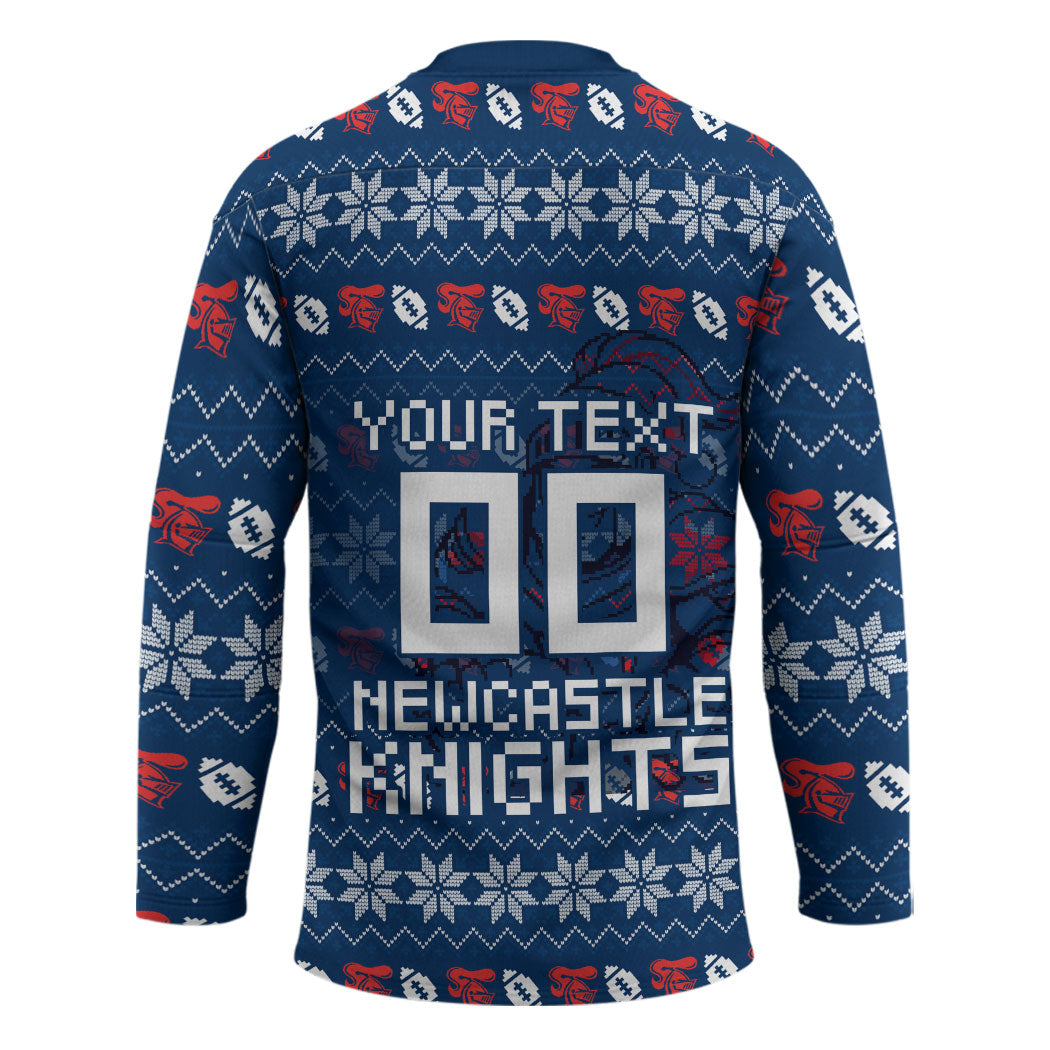 Personalized Newcastle Knights Christmas Hockey Jersey Australian Rugby Fans - Pixelated Ugly Xmas Pattern Mascot Santa