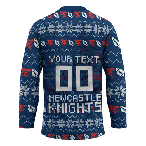 Personalized Newcastle Knights Christmas Hockey Jersey Australian Rugby Fans - Pixelated Ugly Xmas Pattern Mascot Santa