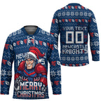 Personalized Newcastle Knights Christmas Hockey Jersey Australian Rugby Fans - Pixelated Ugly Xmas Pattern Mascot Santa